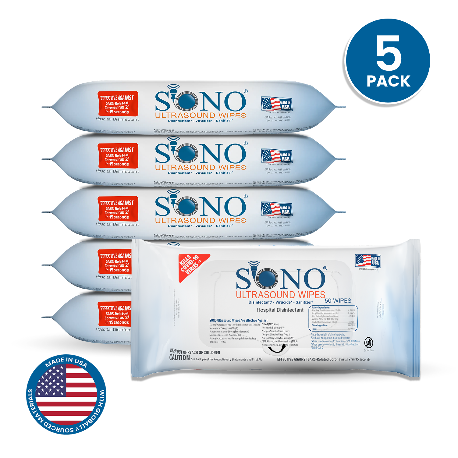 Five packs of SONO Ultrasound Wipes with a '5 Pack' Ultrasound Disinfecting wipes Sonographer approved